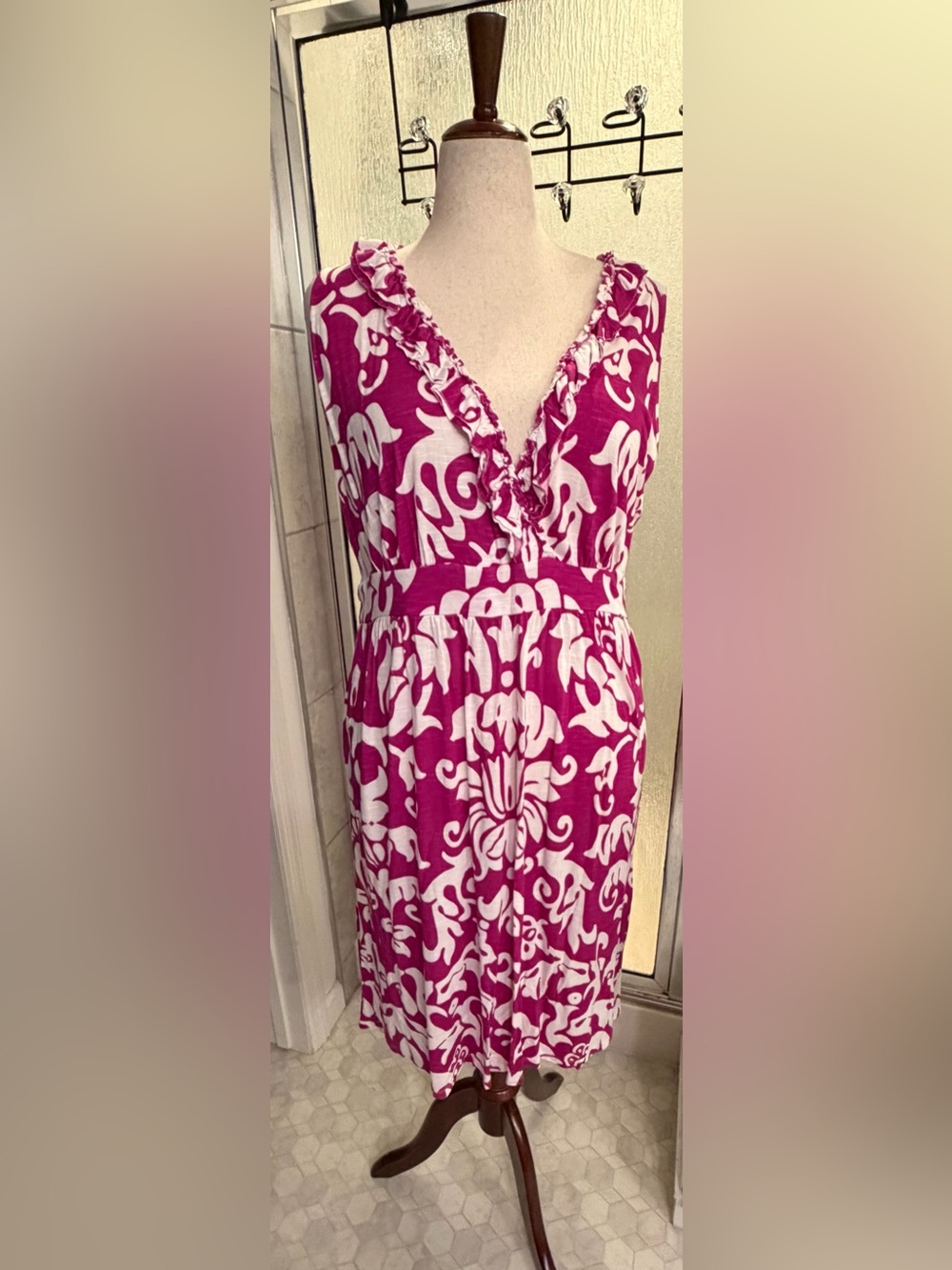INC International Concepts Pink Damask Ruffle V-Neck Midi Dress Size 3X $25 GUC